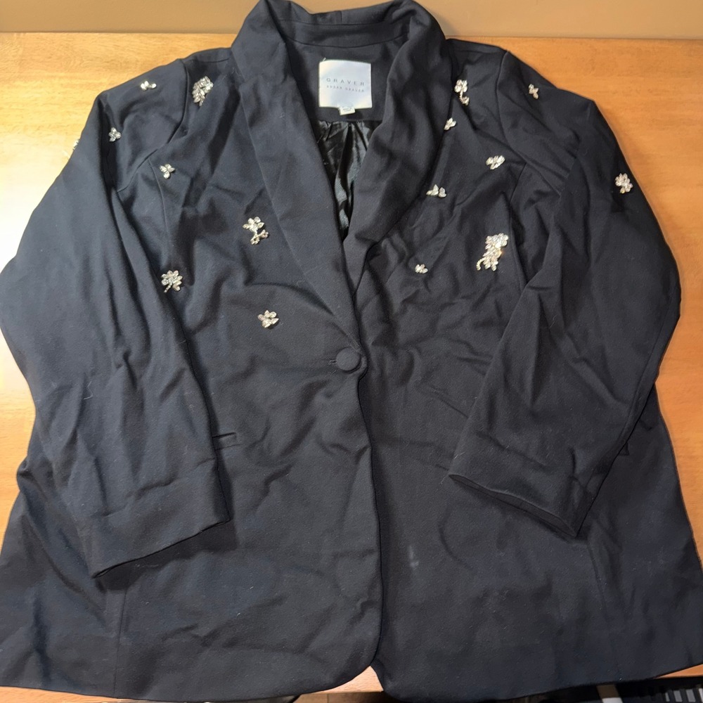 Graver Susan Graver Black Rhinestone Floral Embellished Blazer Lapel 2XL XXL